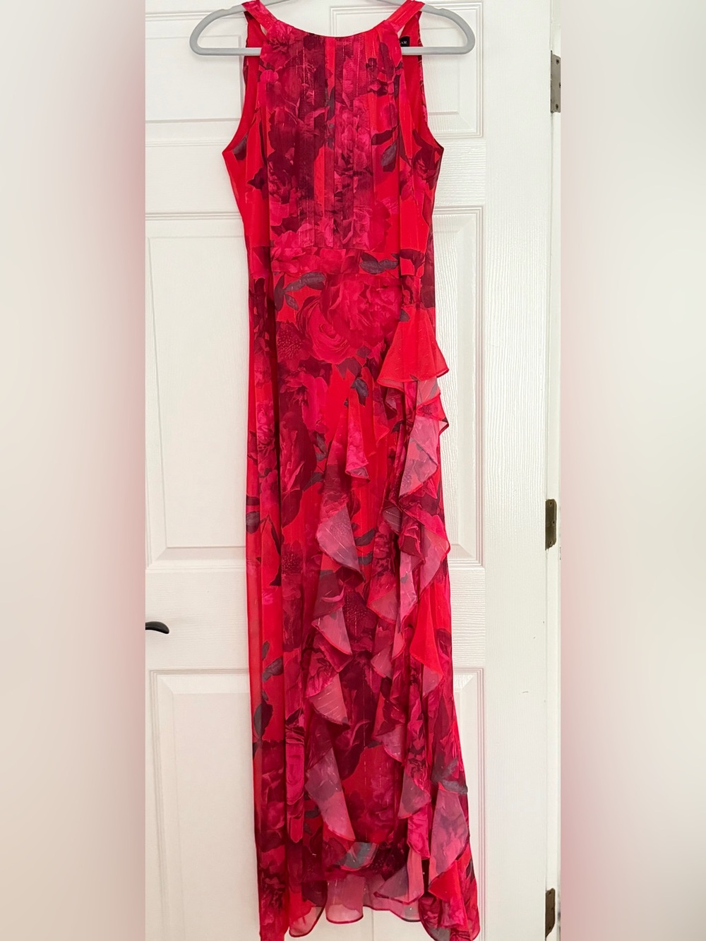 Betsy Adams Halter Red Floral Chiffon Dress